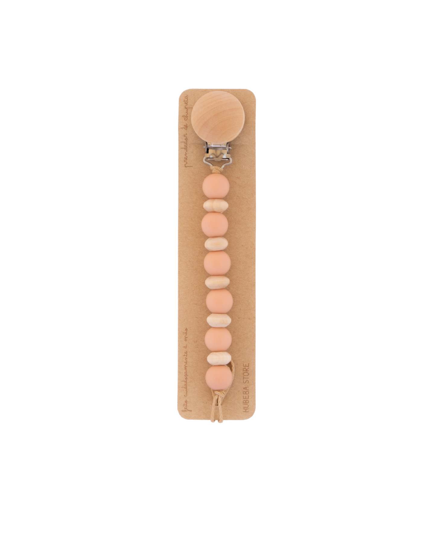 Prendedor silicone rosa pêssego com ábacos madeira