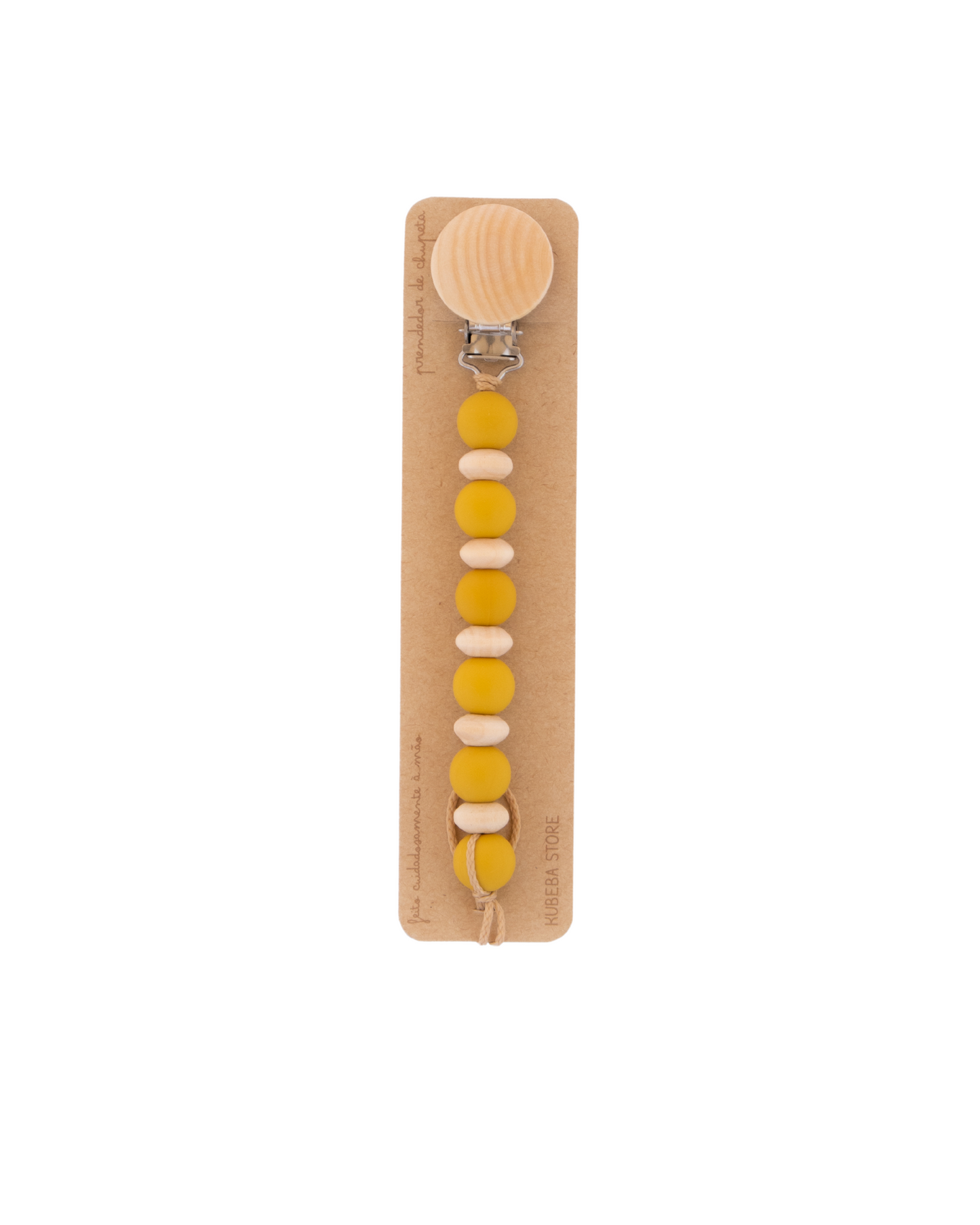 Prendedor silicone mostarda com ábacos madeira
