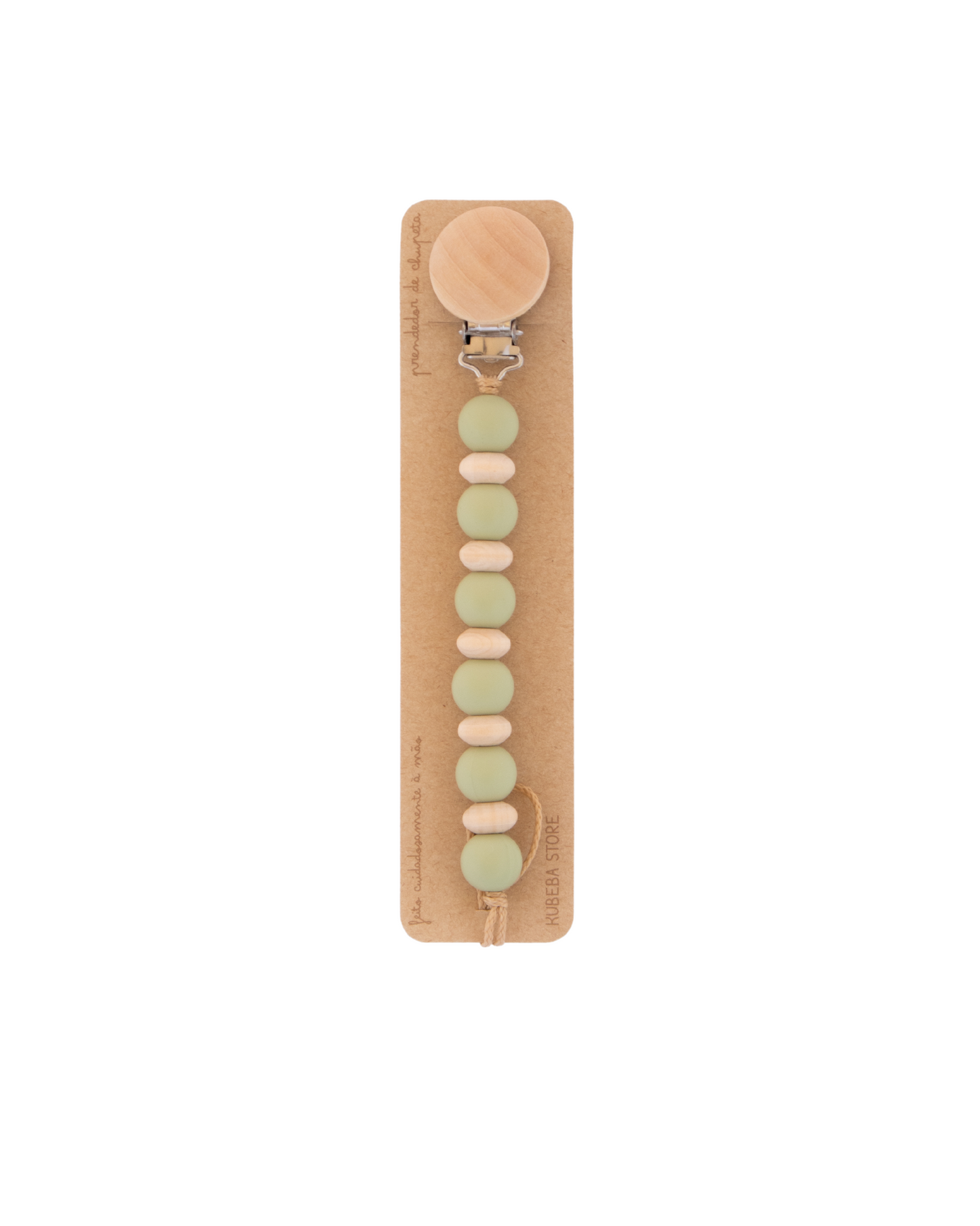 Prendedor silicone verde seco com ábacos madeira