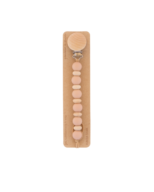 Prendedor silicone rosa pálido com ábacos madeira