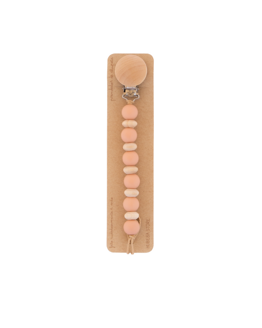 Prendedor silicone rosa pêssego com ábacos madeira