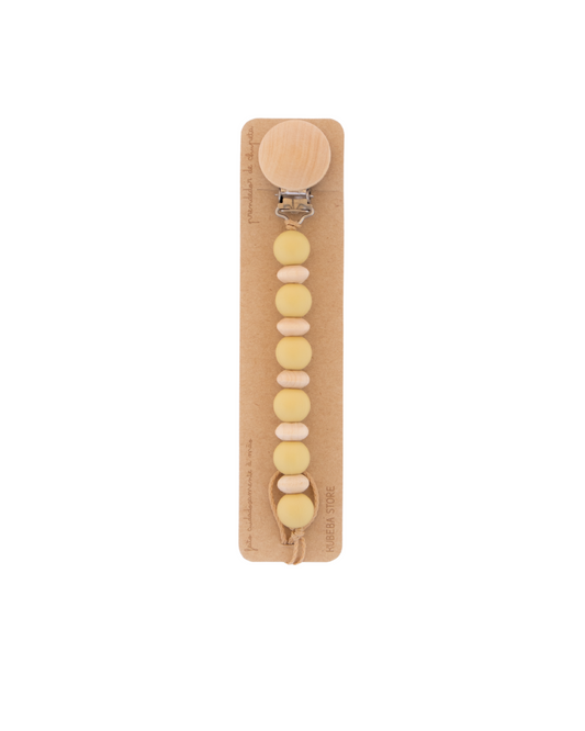 Prendedor silicone amarelo com ábacos madeira