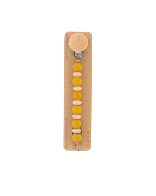 Prendedor silicone mostarda com ábacos madeira