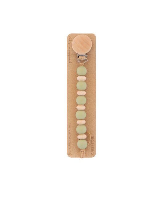 Prendedor silicone verde seco com ábacos madeira