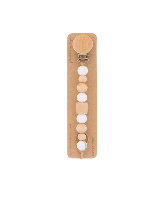 Prendedor silicone branco com contas madeira hexagonais
