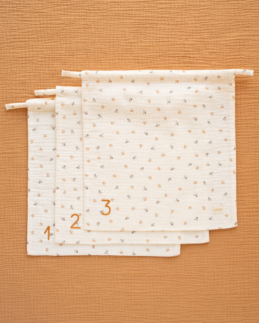 Conjunto de sacos numerados em musselina com estampado mirtilos